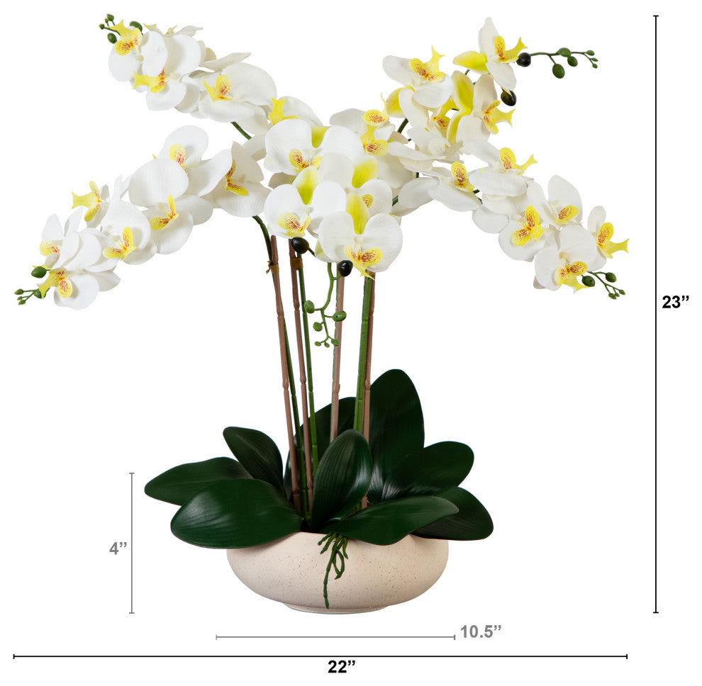 23in. Artificial Phalaenopsis Orchid Arrangement, White Planter, Real Touch