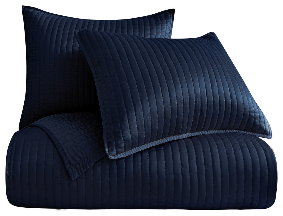 Satin Channel Quilt Set, 3 Piece, Navy Blue, King
