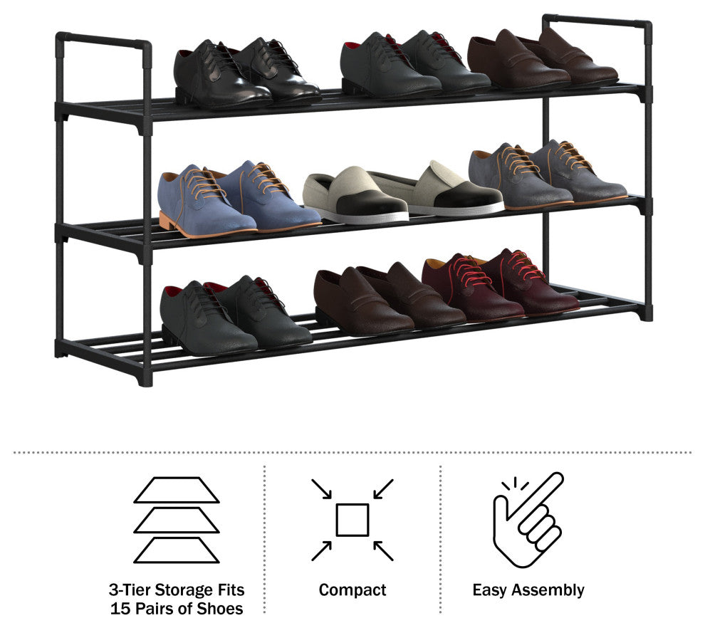 Shoe Rack 3-Tier Shoe Organizer for Closet, Bathroom, Entryway Holds 15 Pairs, Black