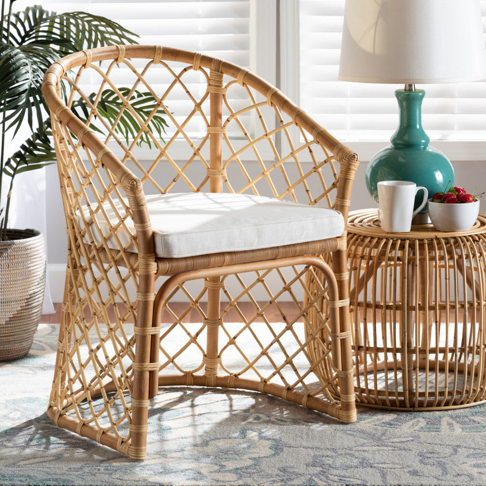 Orchard Bohemian White Fabric Upholstered and Natural Brown Rattan Dining Chair