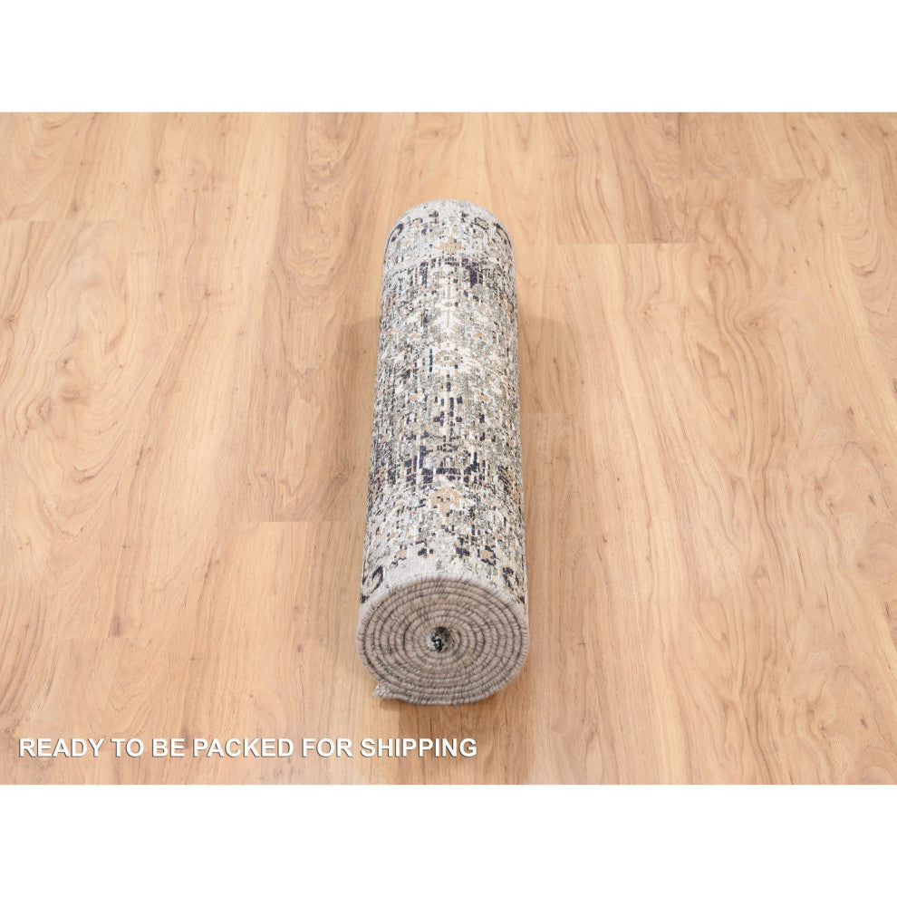 Gray, Hand Knotted, Modern, Silk with Textured Wool, Runner, Rug, 2'6" x 10'0"