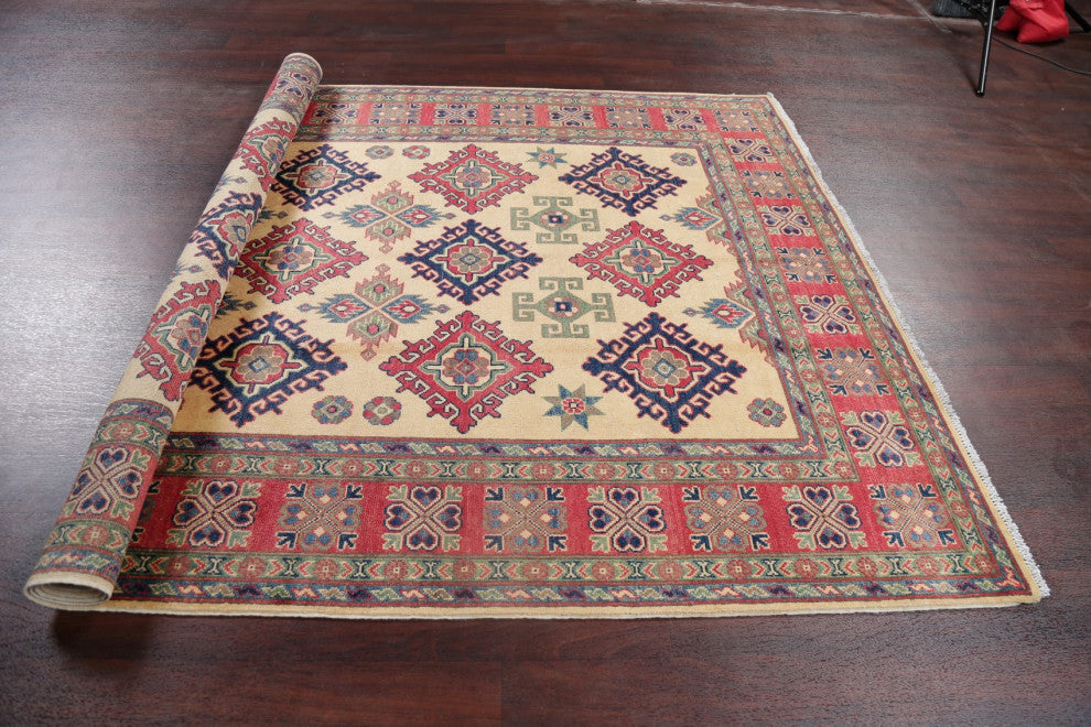 Kazak Handmade Oriental Pakistani Traditional Area Rug, Beige, 9'4"x5'10