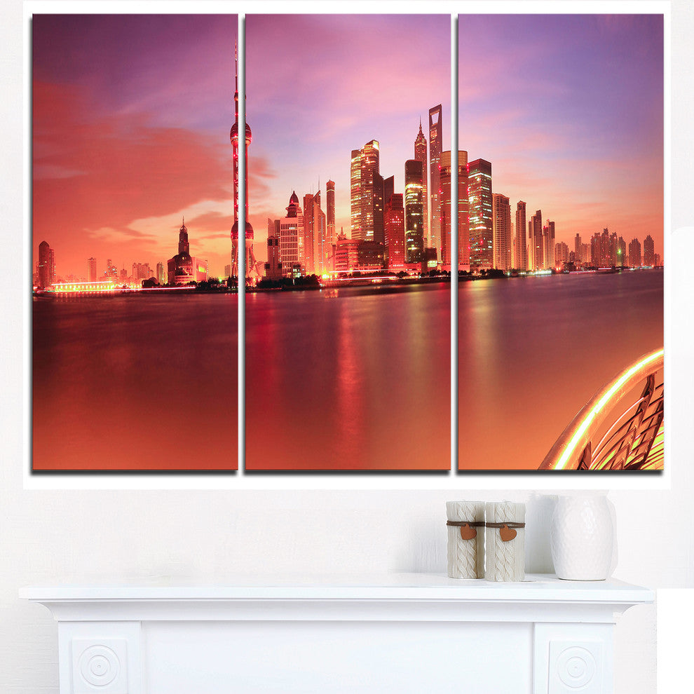 "Shanghai Skyline at Dawn Panorama" Metal Wall Art, 3 Panels, 36"x28"