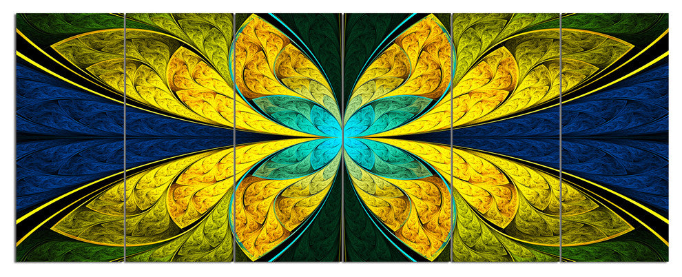 Bright Yellow Blue Fractal Flower, Floral Canvas Art Print, 70"x28", 6 Panels
