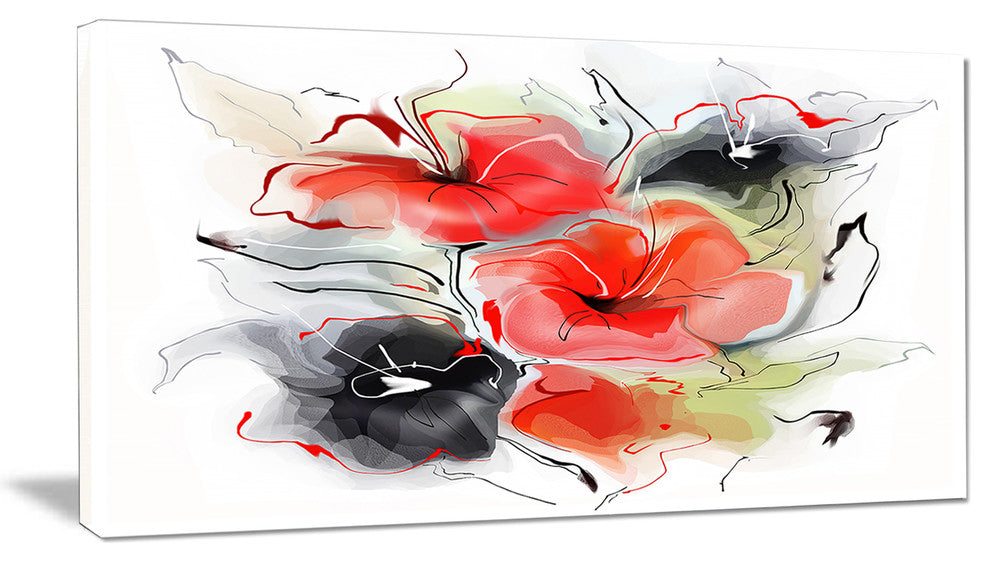 Red Black Abstract Floral Design, Extra Large Floral Wall Art, 32"x16"