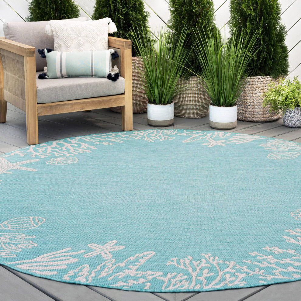 Biscayne Novelty Coastal Aqua/Cream Round Indoor/Outdoor Area Rug, 8'