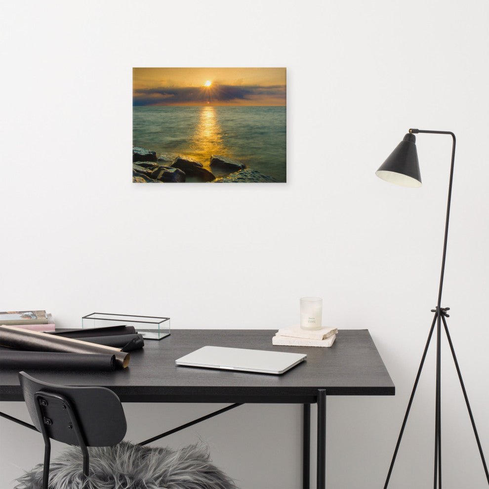 Sunset On Ocean, Sea, Beach Nature Landscape Photo Canvas Print, 18" X 24"