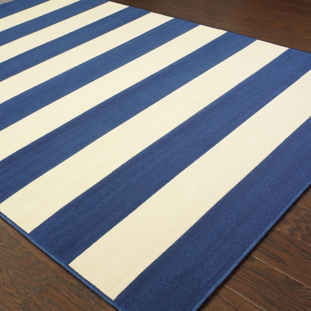 8"x11" Blue and Ivory Striped Indoor Outdoor Area Rug