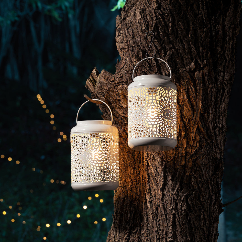 Metal Cutout Solar Powered Hanging Lantern, 2-Piece Set
