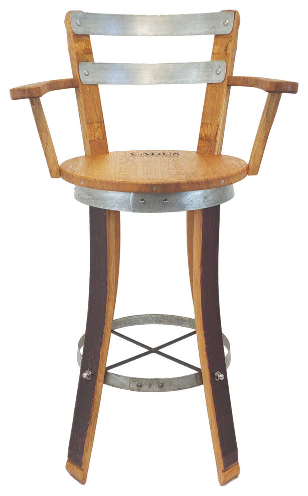 Swivel Top Wine Barrel Bar Stool With Armrest, 30" Sit Height