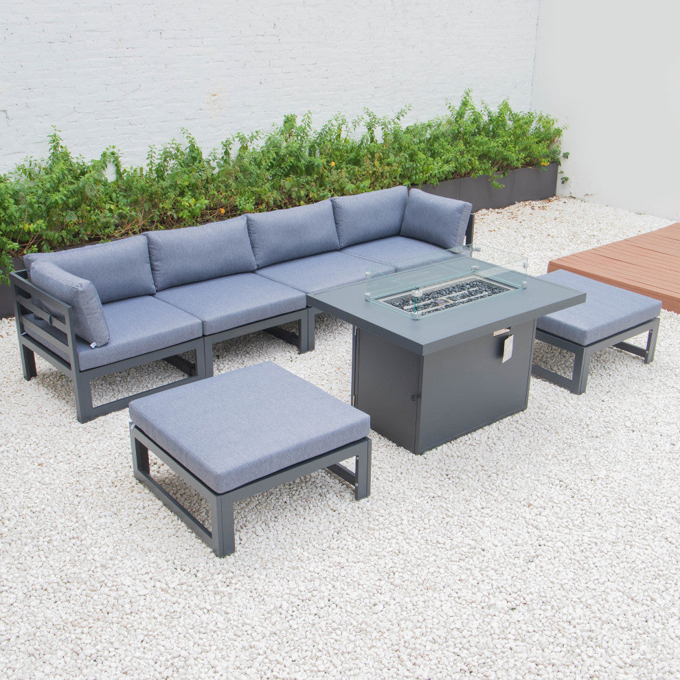 LeisureMod Chelsea 7-Piece Outdoor Sectional With Fire Pit Table, Blue