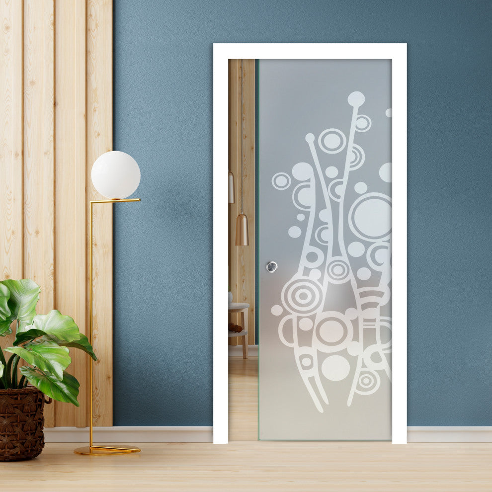 Pocket  Sliding Glass Door with Decorative Frosted Sandblasted Design, Full-Private, 32"x80", 5/16" (8mm)