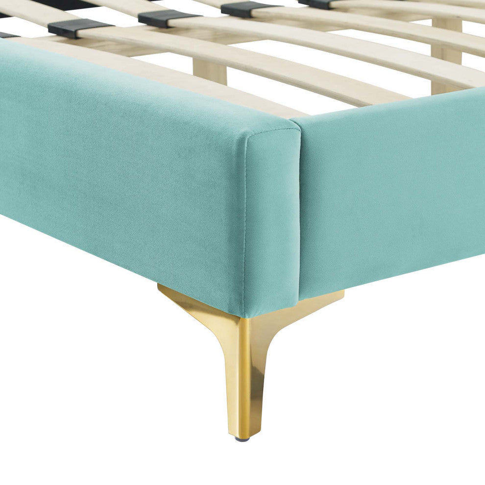 Tufted Platform Bed Frame, Twin Size, Velvet, Blue, Modern Contemporary, Bedroom