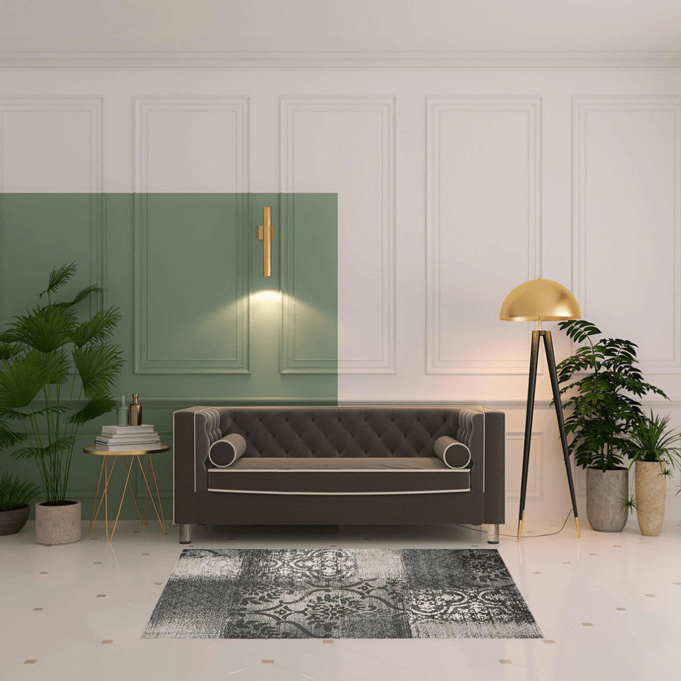 4' X 6' Teal And Gray Damask Distressed Stain Resistant Area Rug