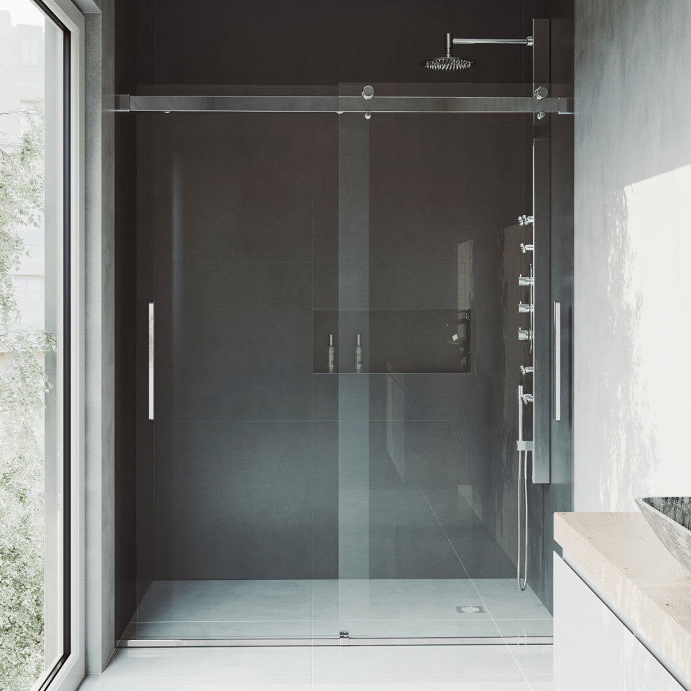 VIGO Caspian 59" to 61" W x 74" H Frameless Sliding Shower Door, Chrome, Clear Glass