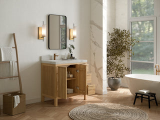 Elizabeth 36 Left Offset Bath Vanity in Light Natural Teak 2" Piatra Gray