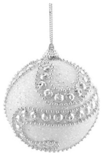 White and Silver Beaded and Glittered Christmas Ornaments, Set of 3
