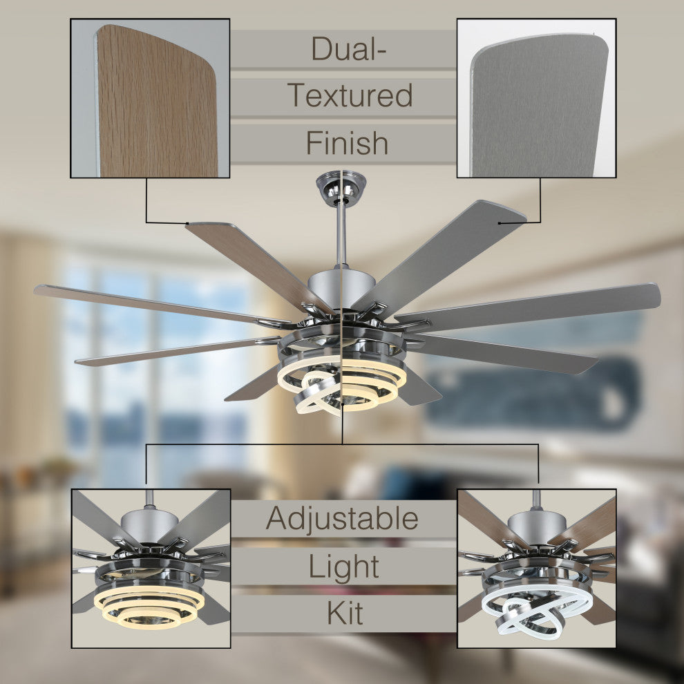 72" Modern 8 Wood Blades Large Ceiling Fan w LED Light, Chrome
