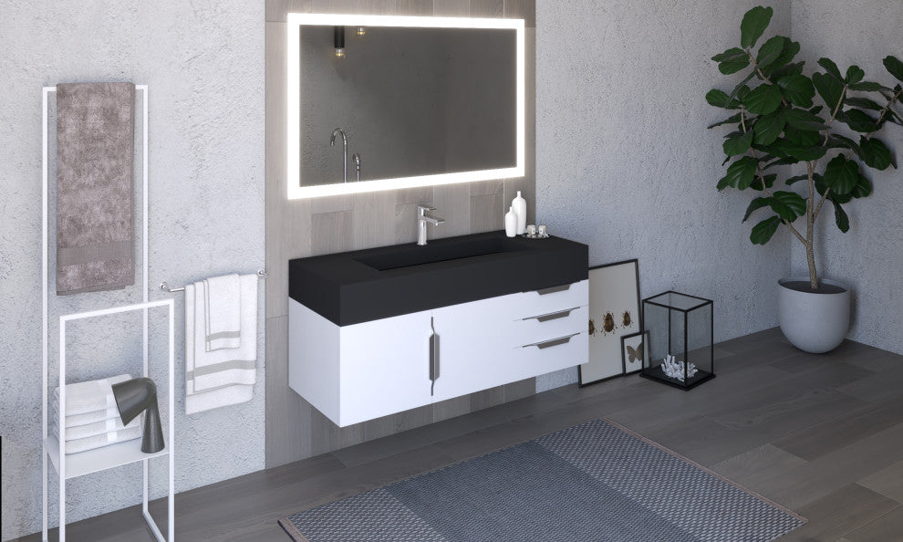 CastelloUSA Nile 48" Wall Mounted Vanity Set, White, Black Top, Brushed Nickel