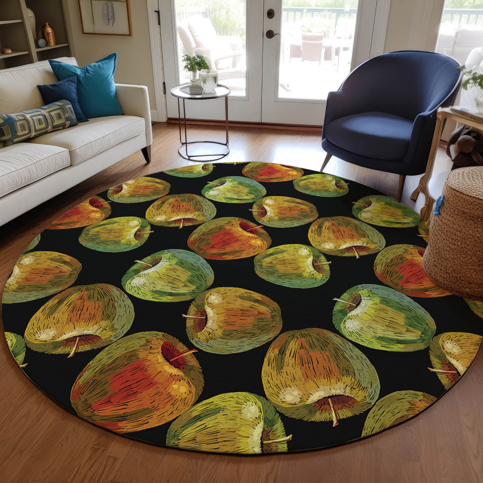 Indoor/Outdoor Kendall KE8 Black Machine Washable 8' x 8' Round Rug