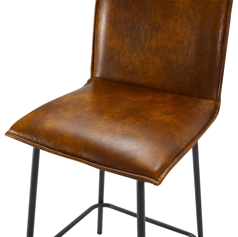 Set of 2 Modest Faux Leather Counter Stools, 24 Inch, Yellowish Brown