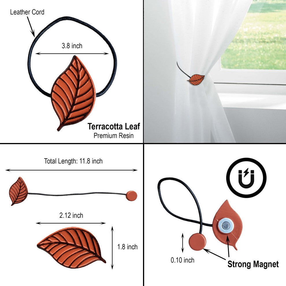 Magnetic Curtain Tiebacks "“ Leaf Design in Resin, Terracotta, Pack of 1