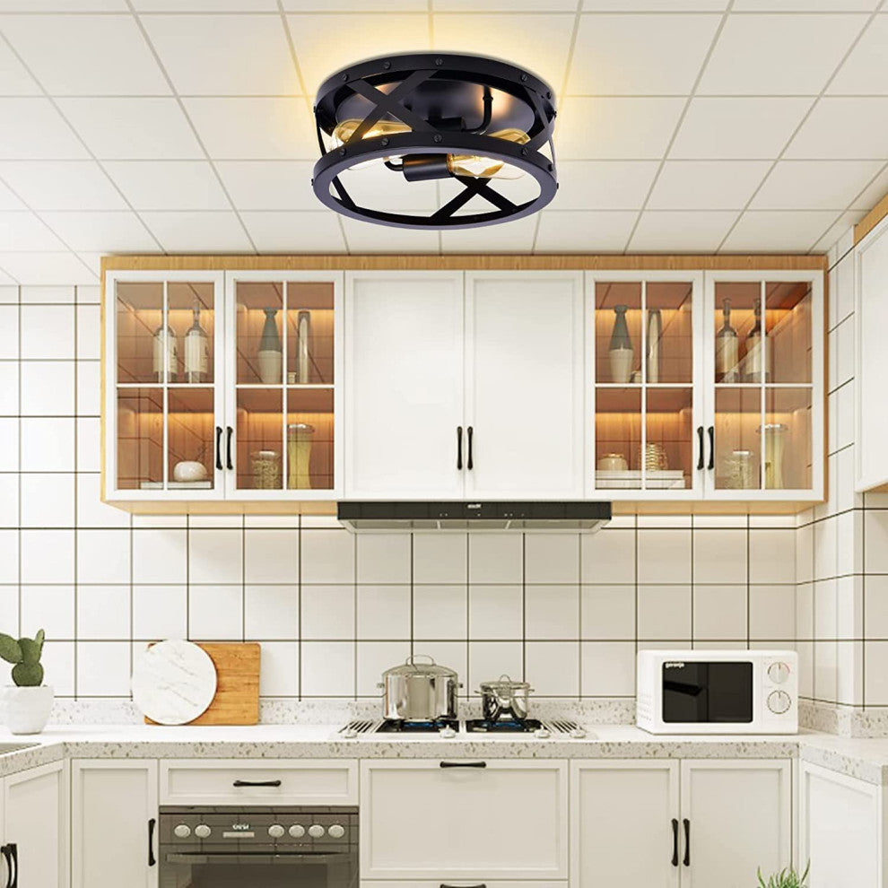 12 inch light round ceiling light fixture 2 light black cage Close to Ceiling