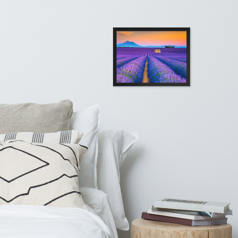 Blooming Lavender Field and Sunset Floral Landscape Framed Photo Wall Art Prints, Black, 12" X 16"