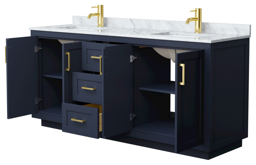 72" Double Bathroom Vanity, Dark Blue, Carrara Countertop, Sinks, Gold Trim
