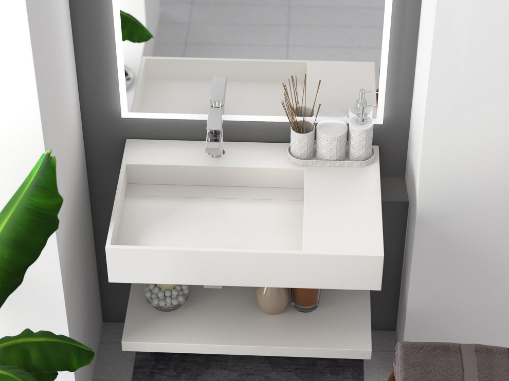 CastelloUSA Juniper Wall Mounted Countertop Concealed Drain Basin Sink, White, 30", Left Basin, Standard