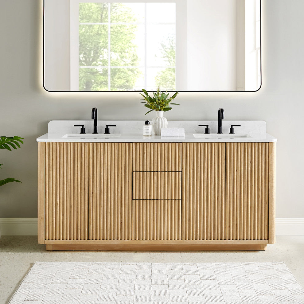 Clayton Bathroom Vanity, Washed Light Brown, 72", No Mirror