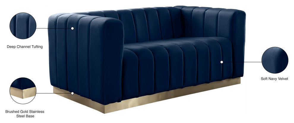 Marlon Velvet Upholstered Loveseat, Navy