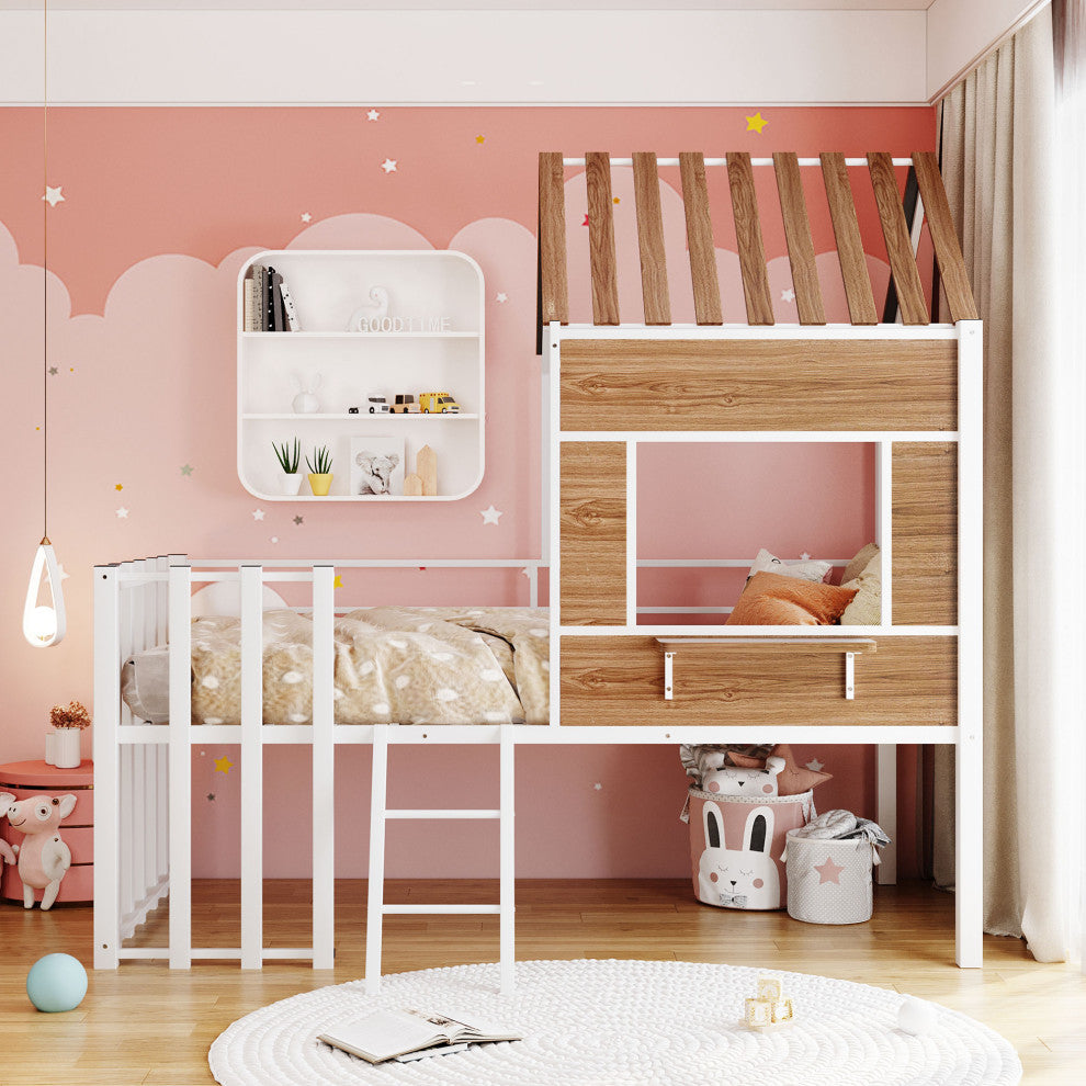 Gewnee Metal Twin Loft Bed with Roof, Window and Ladder in White