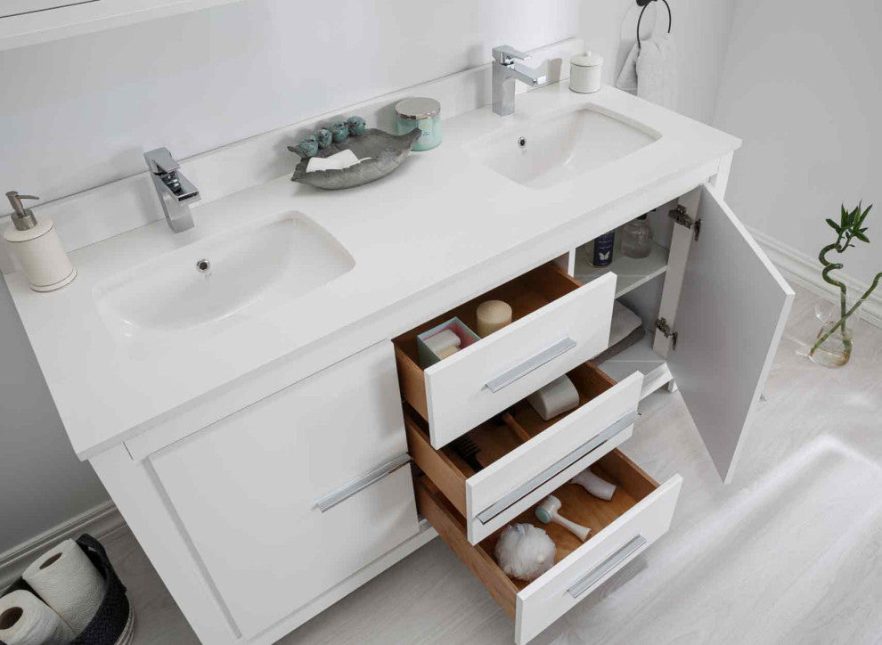 Mila Collection 60" Bathroom Vanity With Sink, Mirror, Countertop, Snow White