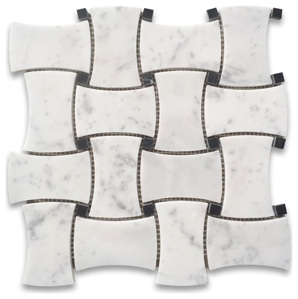 Carrara White Black Marble Dogbone Wicker Weave Mosaic Tile Honed, 1 sheet