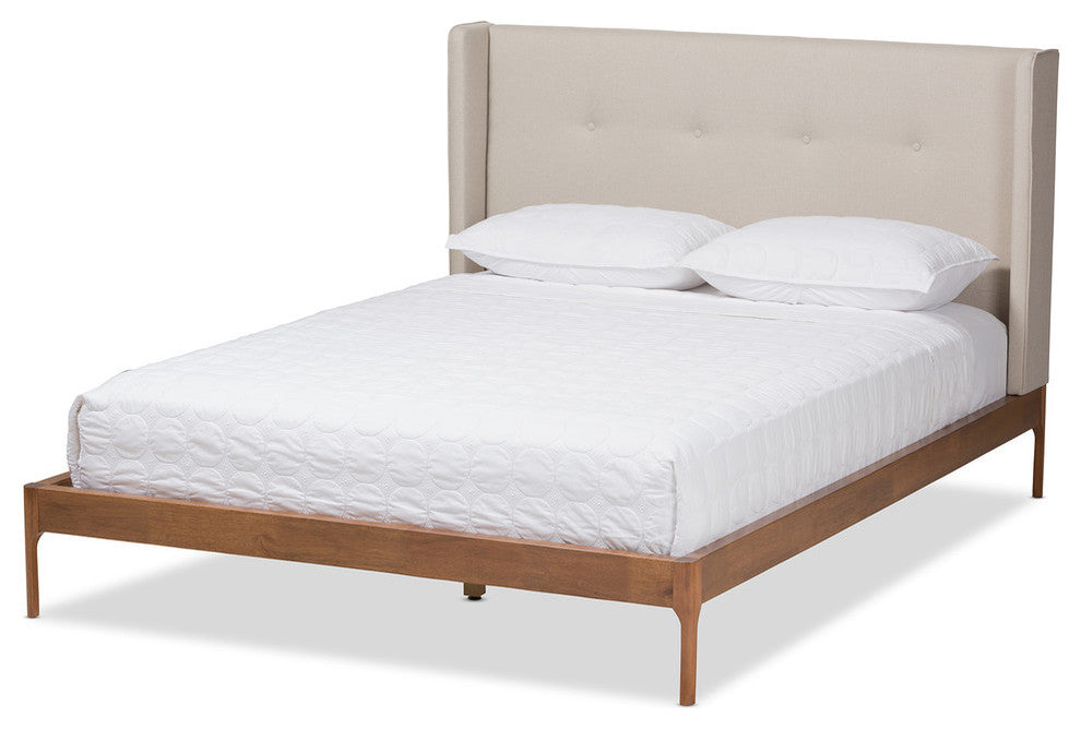 Brooklyn Mid-Century Walnut Wood Beige Fabric Full Size Platform Bed