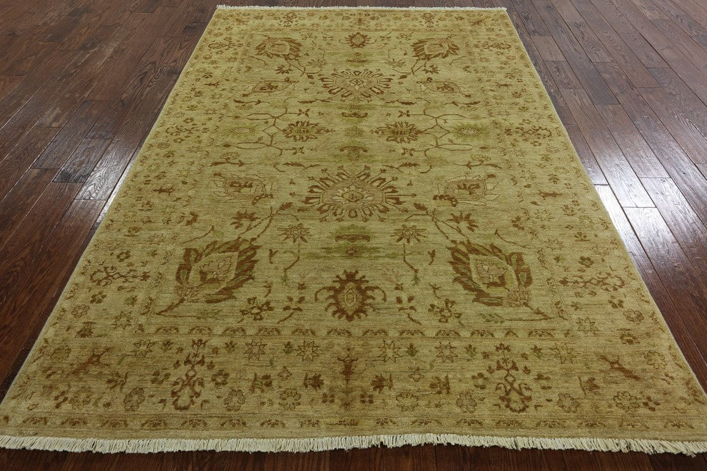 Oushak Ivory Peshawar Quality Chobi Hand-Knotted Wool Rug, 6'x9'