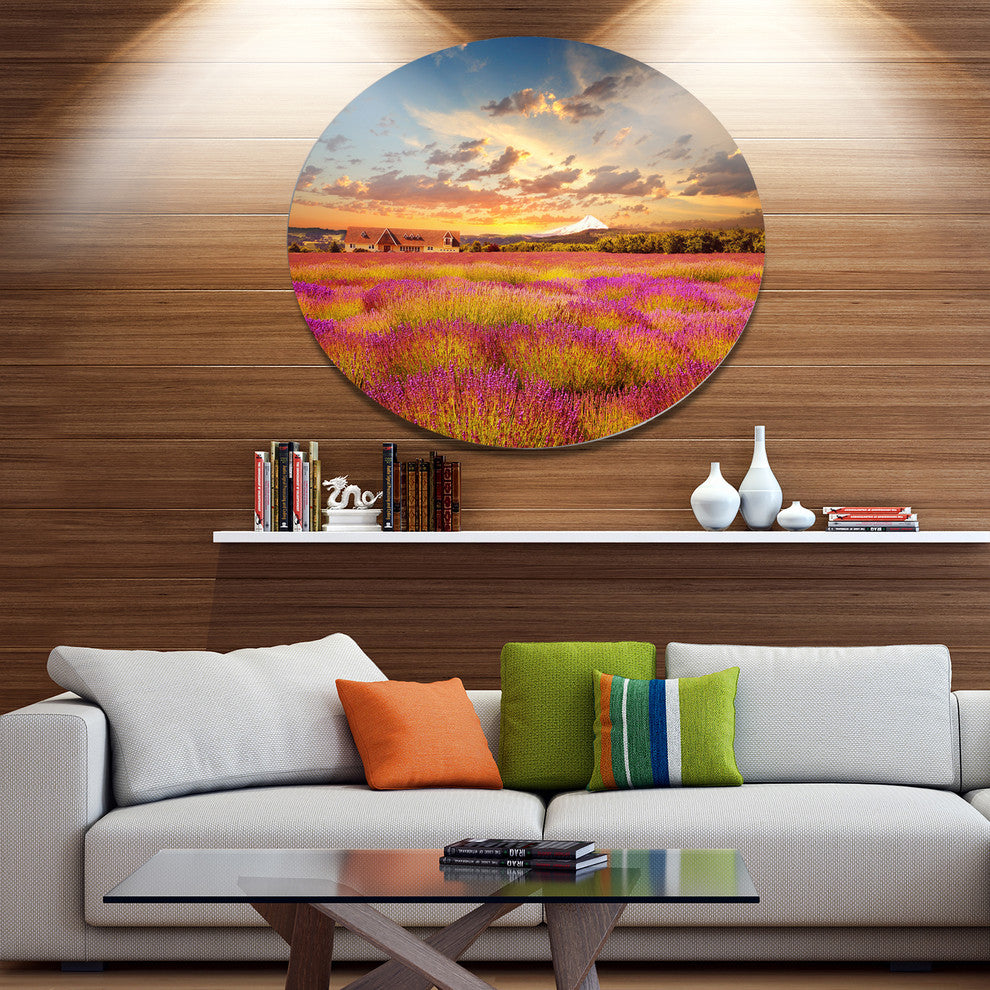 Majestic Lavender Field At Sunset, Floral Large Disc Metal Artwork, 23"