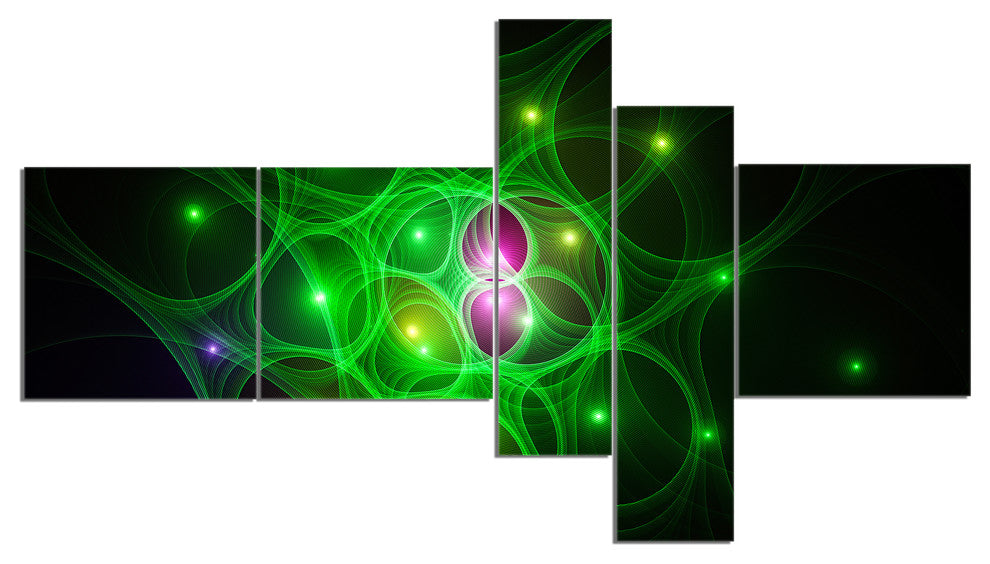 Green Fractal Space Circles, Abstract Canvas Art Print, 60"x32", 5 panels