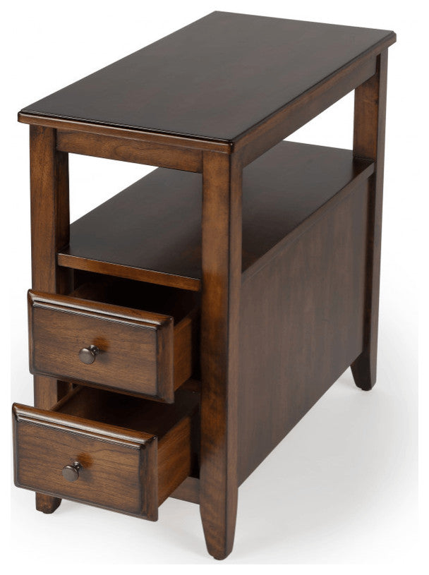 24" Cherry Brown Narrow End Table With Two Drawers And Shelf