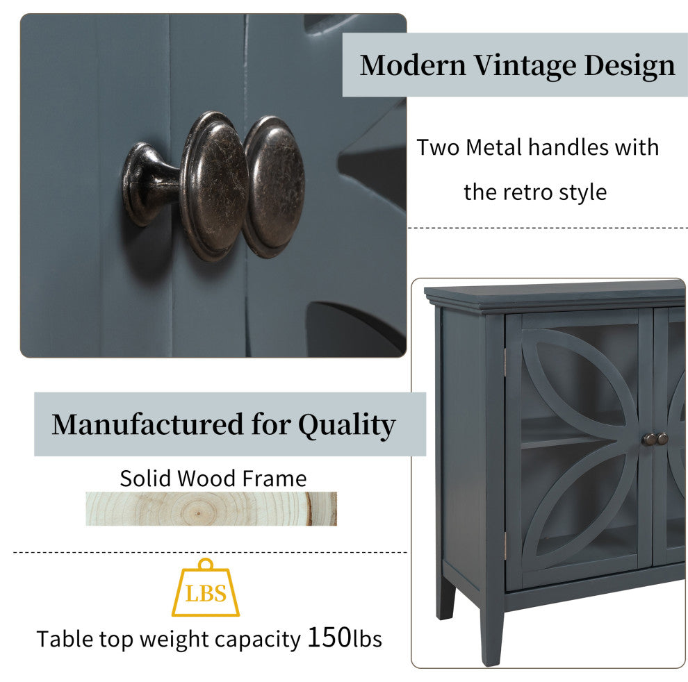 Wood Double Transparent Door Accent Cabinet with Adjustable Shelf, Navy Blue, 32