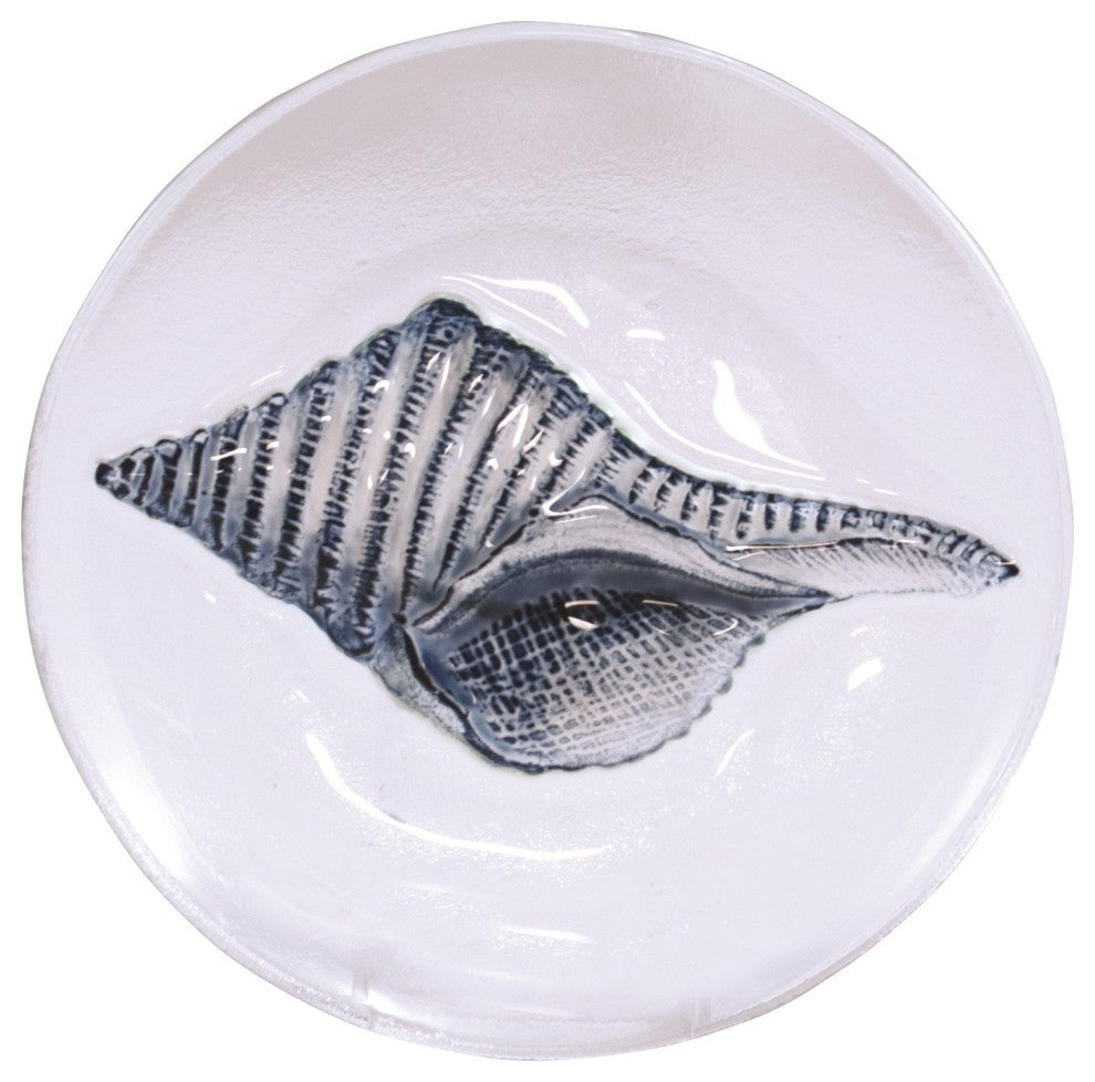 Sanibel Blue Shells on White 8 Inch Serving Dinner Glass Plates Set of 2