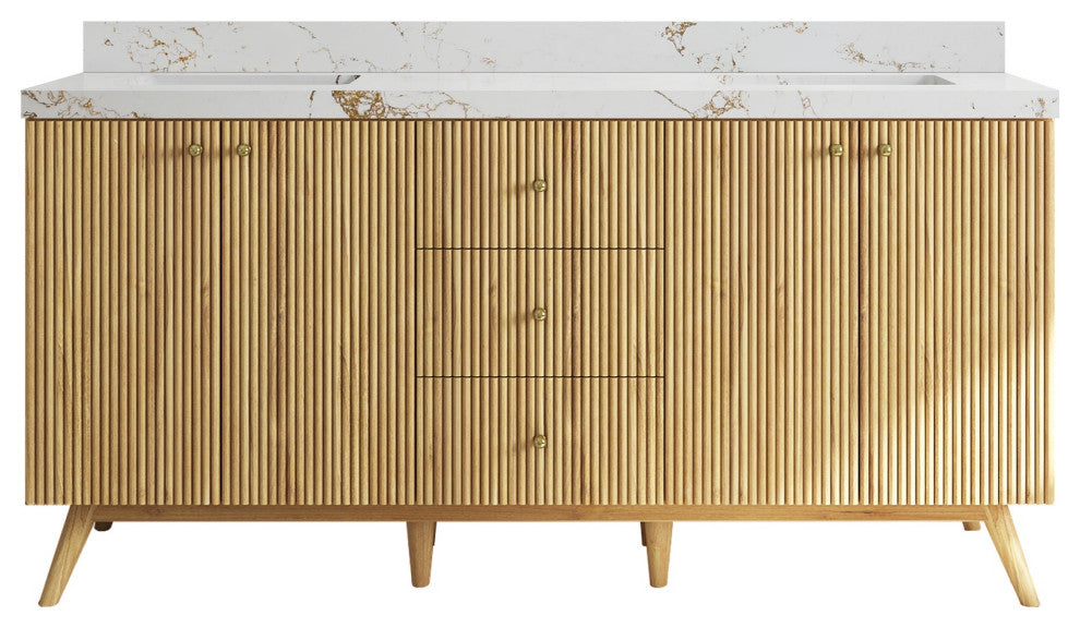 Pasadena 72 Double Sink Bath Vanity in Light Natural Teak 2" Viola Gold