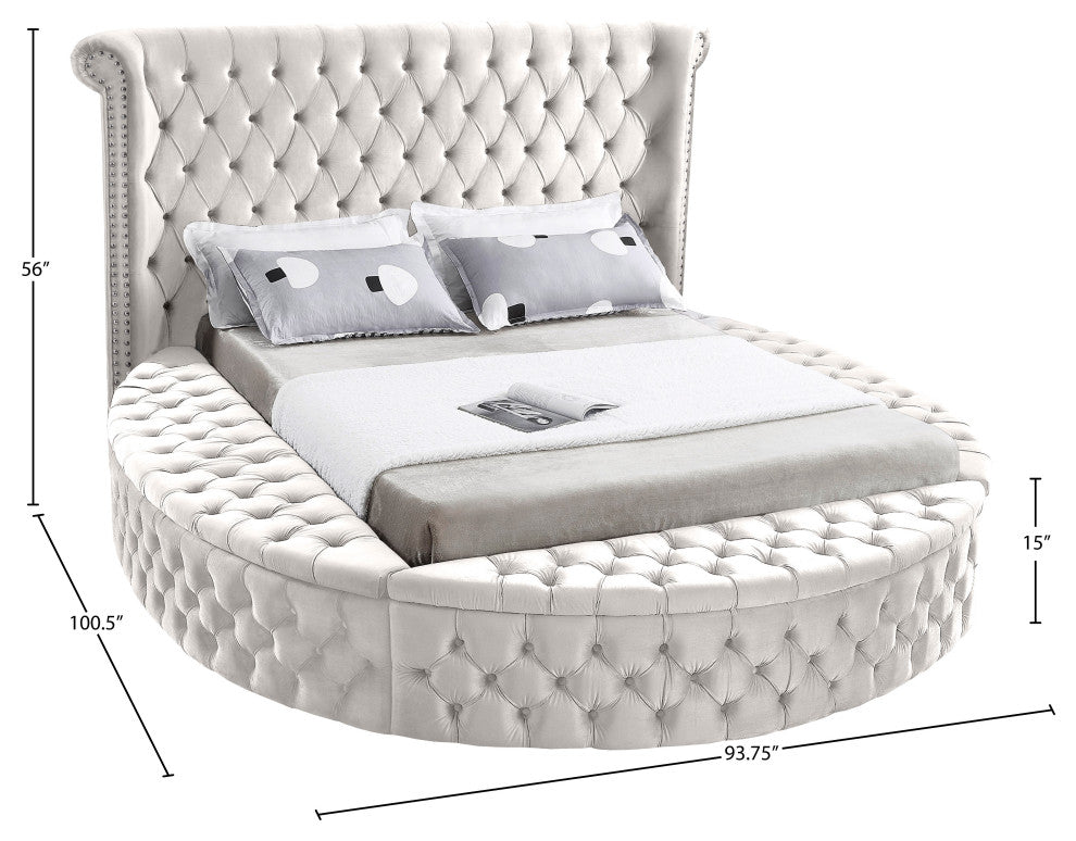 Luxus Button Tufted Velvet Round Bed, Cream, Queen