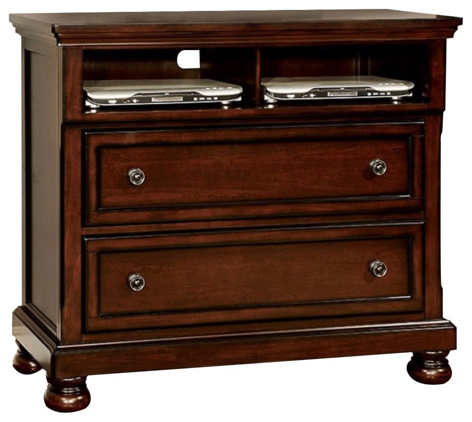 Benzara BM141631 Wooden Media Chest With 2 Drawers, Dark Cherry Brown