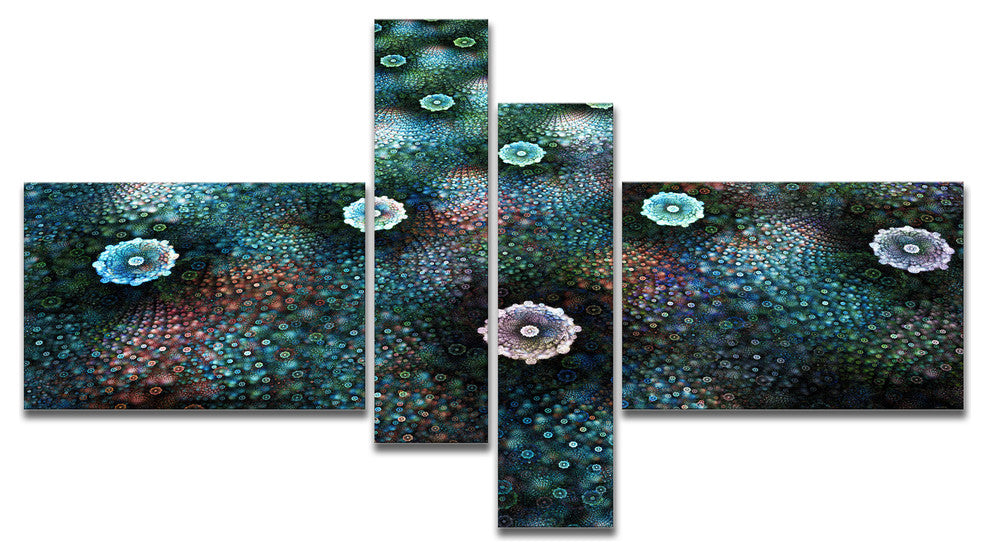 Blue Flowers on Alien Planet, Floral Canvas Art Print, 60"x32", 4 panels