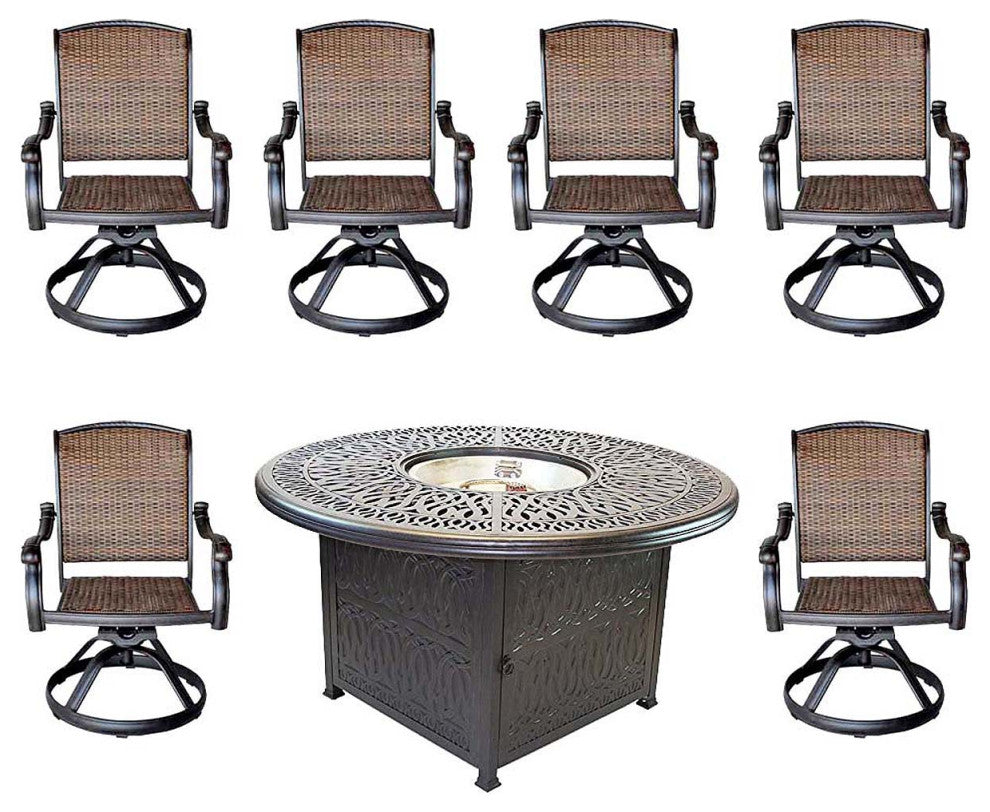 Propane Fire Pit Dining Table Set Cast Aluminum Wicker Furniture, 7 Piece, Patio