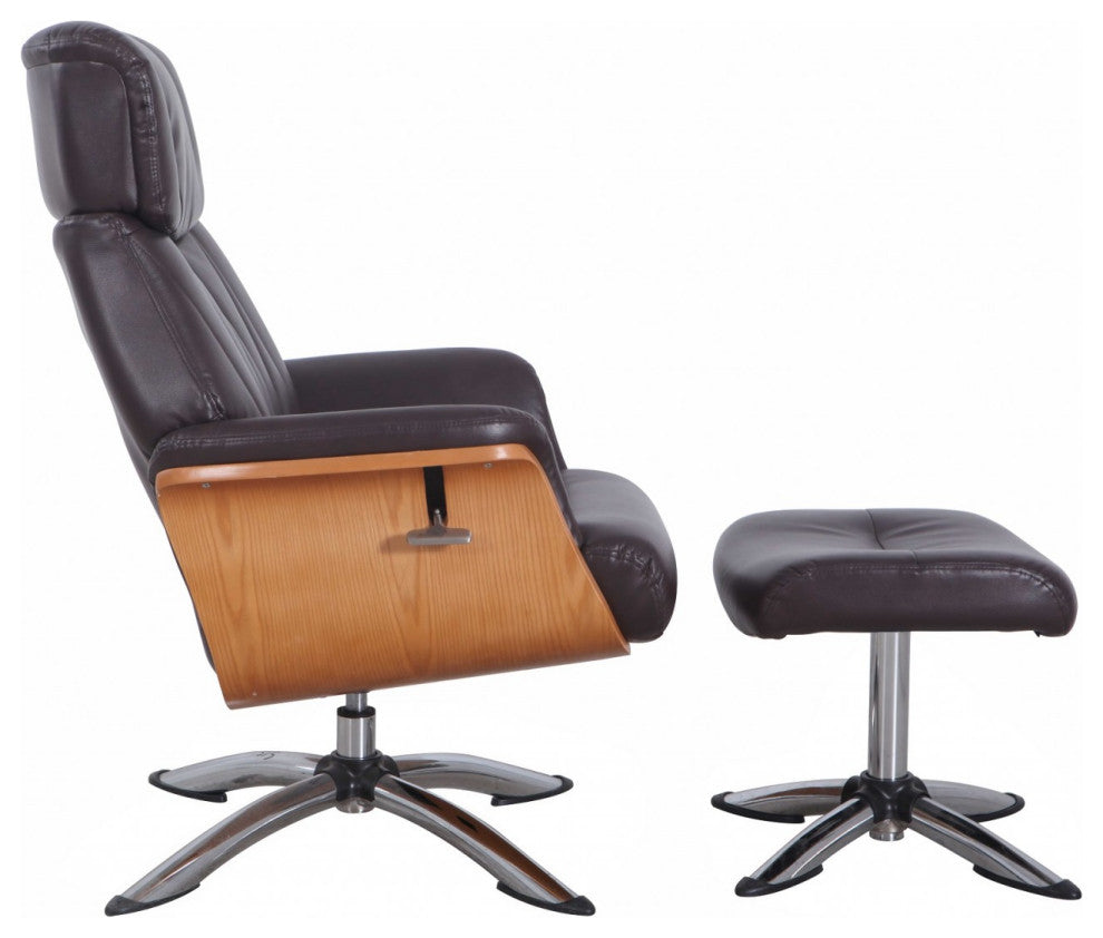 HomeRoots Espresso Faux Leather Swivel Adjustable Recliner and Ottoman Set