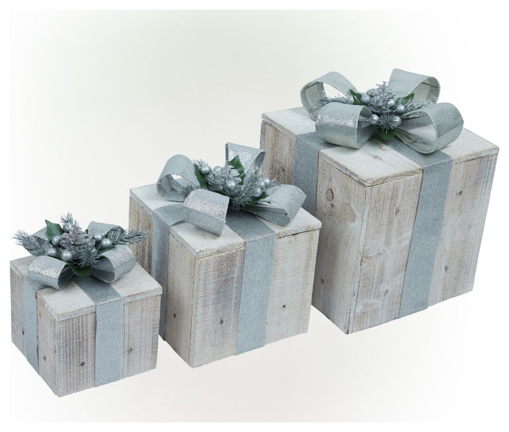 3-Piece Wooden Gift Box Christmas Decor with LED Lights, Silver