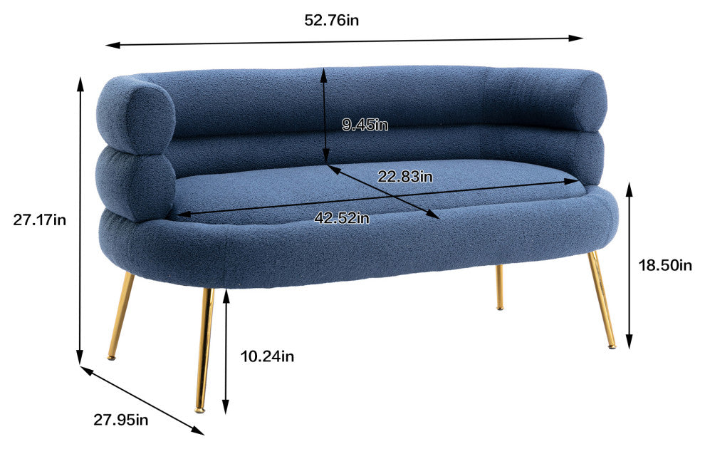 53" Round Arm Settee with Metal Legs, Navy Blue, 53"